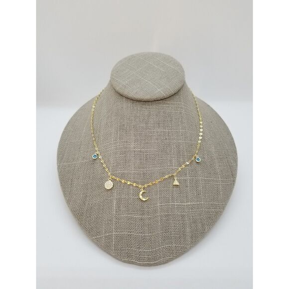 Celestial Necklace - Moon, Pyramid, Blue Crystals - Gold over Sterling Silver - Picture 4 of 5